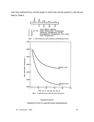 © J. Paul Guyer 2013 20
coal, their oxidized forms, and the ranges in which they may be present in coal ash are
listed in Table 5.
Figures 4 and 5
Influence of iron on coal ash fusion temperatures
 
