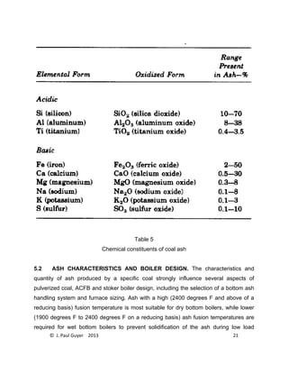 © J. Paul Guyer 2013 21
Table 5
Chemical constituents of coal ash
5.2 ASH CHARACTERISTICS AND BOILER DESIGN. The characteristics and
quantity of ash produced by a specific coal strongly influence several aspects of
pulverized coal, ACFB and stoker boiler design, including the selection of a bottom ash
handling system and furnace sizing. Ash with a high (2400 degrees F and above of a
reducing basis) fusion temperature is most suitable for dry bottom boilers, while lower
(1900 degrees F to 2400 degrees F on a reducing basis) ash fusion temperatures are
required for wet bottom boilers to prevent solidification of the ash during low load
 