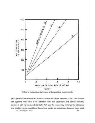 © J. Paul Guyer 2013 39
Figure 11
Effect of moisture on pulverizer air temperature requirements
(9) Operation and maintenance cost increases should be identified. Coal boiler bottom
ash systems may have to be retrofitted with ash separators and carbon recovery
devices if LOI increases substantially. Ash sold for reuse may no longer be attractive
and could even be considered hazardous waste. As regulations become more strict
 