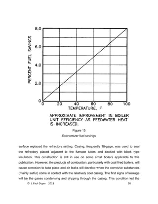 © J. Paul Guyer 2013 58
Figure 15
Economizer fuel savings
surface replaced the refractory setting. Casing, frequently 10-gage, was used to seal
the refractory placed adjacent to the furnace tubes and backed with block type
insulation. This construction is still in use on some small boilers applicable to this
publication. However; the products of combustion, particularly with coal fired boilers, will
cause corrosion to take place and air leaks will develop when the corrosive substances
(mainly sulfur) come in contact with the relatively cool casing. The first signs of leakage
will be the gases condensing and dripping through the casing. This condition led the
 