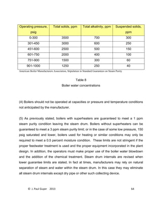 © J. Paul Guyer 2013 64
Operating pressure,
psig
Total solids, ppm Total alkalinity, ppm Suspended solids,
ppm
0-300 3500 700 300
301-450 3000 600 250
451-600 2500 500 150
601-750 2000 400 100
751-900 1500 300 60
901-1000 1250 250 40
American Boiler Manufacturers Association, Stipulation in Standard Guarantees on Steam Purity
Table 8
Boiler water concentrations
(4) Boilers should not be operated at capacities or pressure and temperature conditions
not anticipated by the manufacturer.
(5) As previously stated, boilers with superheaters are guaranteed to meet a 1 ppm
steam purity condition leaving the steam drum. Boilers without superheaters can be
guaranteed to meet a 3 ppm steam purity limit; or in the case of some low pressure, 150
psig saturated and lower, boilers used for heating or similar conditions may only be
required to meet a 0.5 percent moisture condition. These limits are not stringent if the
proper feedwater treatment is used and the proper equipment incorporated in the plant
design. In addition, the operators must make proper use of the boiler water blowdown
and the addition of the chemical treatment. Steam drum internals are revised when
lower guarantee limits are stated. In fact at times, manufacturers may rely on natural
separation of steam and water within the steam drum. In this case they may eliminate
all steam drum internals except dry pipe or other such collecting device.
 
