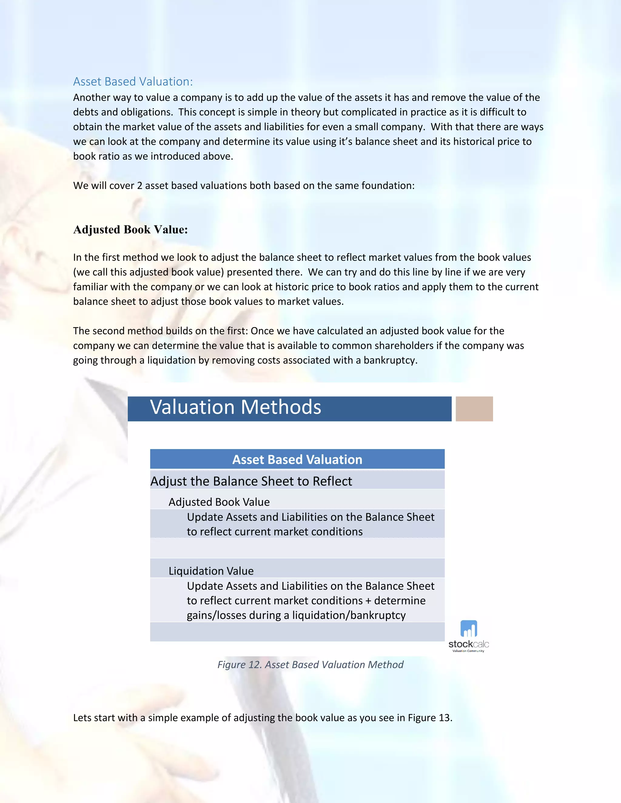 Asset Based Valuation:
Another way to value a company is to add up the value of the assets it has and remove the value of the
debts and obligations. This concept is simple in theory but complicated in practice as it is difficult to
obtain the market value of the assets and liabilities for even a small company. With that there are ways
we can look at the company and determine its value using it’s balance sheet and its historical price to
book ratio as we introduced above.
We will cover 2 asset based valuations both based on the same foundation:
Adjusted Book Value:
In the first method we look to adjust the balance sheet to reflect market values from the book values
(we call this adjusted book value) presented there. We can try and do this line by line if we are very
familiar with the company or we can look at historic price to book ratios and apply them to the current
balance sheet to adjust those book values to market values.
The second method builds on the first: Once we have calculated an adjusted book value for the
company we can determine the value that is available to common shareholders if the company was
going through a liquidation by removing costs associated with a bankruptcy.
Valuation Methods
Asset Based Valuation
Adjust the Balance Sheet to Reflect
Adjusted Book Value
Update Assets and Liabilities on the Balance Sheet
to reflect current market conditions
Liquidation Value
Update Assets and Liabilities on the Balance Sheet
to reflect current market conditions + determine
gains/losses during a liquidation/bankruptcy
Figure 12. Asset Based Valuation Method
Lets start with a simple example of adjusting the book value as you see in Figure 13.
 