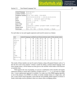 Section 5.3. Non-Natural Language Text 95
natural language [A-Za-z]+
cardinal numbers [0-9]+
telephone numbers 0131 525 6800, 334-8895
years 1[0-9][0-9][0-9] | 2[0-9][0-9][0-9]
time hours : minutes part-of-day
hours [0-9] | 1[0-9] | 2[0-4]
minutes [0-6][0-9]
part-of-day am | pm
addresses cardinal number proper-name street-type
proper-name [A-Z][a-z]+
street-type Dr| St| Rd| | Drive| Street | Road
For each token we run each regular expression and record its answer as a feature:
text natural language cardinal year hours minutes part-of-day proper-name
You 1 0 0 0 0 0 1
should 1 0 0 0 0 0 0
meet 1 0 0 0 0 0 0
him 1 0 0 0 0 0 0
at 1 0 0 0 0 0 0
3 0 1 0 1 0 0 0
: 0 0 0 0 0 0 0
30 0 1 0 0 1 0 0
pm 1 0 0 0 0 1 0
at 1 0 0 0 0 0 0
1994 0 1 1 0 0 0 0
Melville 1 0 0 0 0 0 1
Dr 1 0 0 0 0 0 1
The results of these matches can now be used as features, along with general features such as “is
this the first word in the sentence” (which is useful for telling a normal natural language word
from a proper name). All the features are then given to the classifier which makes a final decision
on semiotic class.
With regard to the issue of grouping, we can use a combination of the classifier and regular
expression matches to ensure that a sequence of tokens such as 3, :, 30, pm are seen as a single
time. A more sophisticated approach is available if we make use of the HMM tagging algorithm
as one of the features of an HMM is its ability to include multiple tokens in a single class, and
also, via the Viterbi search algorithm, ensure that the most probably global sequence of classes is
found, which helps resolves problems where two classes claim overlapping tokens.
 
