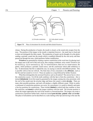 156 Chapter 7. Phonetics and Phonology
(a) Alveolar constriction (b) Labio-dental constric-
tion
Figure 7.5 Place of articulation for alveolar and labio-dental fricatives
release. During the production of nasals, the mouth is closed, so the sound only escapes from the
nose. The position of the tongue in the mouth is important however - the nasal tract is fixed and
so does not distinguish the three nasals. The production of nasals can be thought of as the glottis
sending a periodic sound into the mouth which is modified (filtered) by the oral cavity and then
passed out through the nose, which performs further modification.
Fricatives are generated by creating a narrow constriction in the vocal tract, by placing (say)
the tongue near to the roof of the oral cavity, thus creating a turbulent, noisy sound. Fricatives can
be voiced (e.g. [v]) or unvoiced (e.g. [f]). In voiced fricatives, there are two sound sources, the
glottis, which produces a periodic sound source, and the constriction which adds turbulence to
this. To demonstrate that this is indeed the case, try saying [v] and [f] with different pitches. This
is possible with [v] but not with [f]. The final class of true consonants is the affricates, such as
the first and last sound in CHURCH. These are spoken as a stop followed by further frication.
What then distinguishes the unvoiced fricatives such as [f] and [s]? The answer lies in where
the constriction occurs. For [f] the teeth combines with the lips to form the constriction - this is
termed labiodental. In [s] the sound in generated by the tongue coming into close proximity with
the roof of the mouth near the alveolar ridge and hence this sound is called alveolar. There are
many other possible positions, and each will produce a slightly different sound. While in reality
a continuum of constriction positions can occur, for convenience it is useful to identify and name
a few key positions for constrictions. These include bilabial in which both lips combine to form
the restriction, and dental in which the tongue combines with the teeth. The alveolar position is
where the tongue approaches the roof of the mouth in a forward position. The tongue can create a
constriction at positions further back, which are termed post-alveolar, palatal, velar and uvular.
The place of articulation can be described on a scale starting at the lips and moving to the near the
 