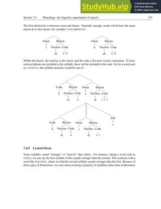 Section 7.4. Phonology: the linguistic organisation of speech 187
The first distinction is between onset and rhyme. Naturally enough, words which have the same
rhyme do in fact rhyme, for example LEND and BEND:
Onset
l
Rhyme
Nucleus
eh
Coda
n d
Onset
b
Rhyme
Nucleus
eh
Coda
n d
Within the rhyme, the nucleus is the vowel, and the coda is the post vocalic consonants. If extra-
metrical phones are included in the syllable, these will be included in the coda. So for a word such
as CONSISTS, the syllable structure would be one of:
Coda
k
Rhyme
Nucleus
ax
Coda
n
Onset
s
Rhyme
Nucleus
ih
Coda
s t s
Coda
k
Rhyme
Nucleus
ax
Coda
n
Onset
s
Rhyme
Nucleus
ih
Coda
s t
EM
s
7.4.5 Lexical Stress
Some syllables sound “stronger” or “heavier” than others. For instance, taking a word such as
TABLE, we can say the first syllable of this sounds stronger than the second. This contrasts with a
word like MACHINE, where we find the second syllable sounds stronger than the first. Because of
these types of distinctions, we view stress as being a property of syllables rather than of phonemes
 