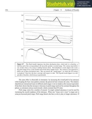 236 Chapter 9. Synthesis of Prosody
0
0.5
1.0
1.5
(a)
(b)
(c)
Fo
Fo
Fo
Figure 9.7 The Dutch model, figure(a), has three declination lines, which refer to a baseline, a
mid-line and a line corresponding to the top of the speaker’s normal range. The contour must follow
one of these lines or be rising or falling between them. Pierrehumbert’s system (figure (b)) scales
the pitch range 0.0 to 1.0 for normal speech but allows higher levels. The contour is not required to
follow any of these declination lines - they are merely the “graph paper” on which the F0 contour
is produced. Note how the lines converge with respect to time. The Fujisaki model (figure (c)) only
specifies a baseline, which decays exponentially.
The same effect is observable in intonation: by increasing the overall pitch of an utterance
while keeping the basic tune pattern constant, the perceived tune remains the same. The relation-
ship between intonational tunes in different pitch ranges is not as simple as the musical equivalent.
It has been shown that the increase or decrease in pitch range need not be constant throughout the
phrase, as utterances always tend towards a fairly constant final F0 value.
Pitch range varies for a number of reasons. In single isolated utterances it can be used for
increasing the overall emphasis of the utterance. When one “raises one’s voice” in anger one is
using an increased pitch range. Pitch range factors also have a role to play in longer utterances. If
 