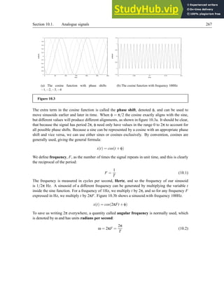 Section 10.1. Analogue signals 267
-1
-0.8
-0.6
-0.4
-0.2
0
0.2
0.4
0.6
0.8
1
0 50 100 150 200 250 300
amplitude
time
(a) The cosine function with phase shifts
−1,−2,−3,−4
-1.5
-1
-0.5
0
0.5
1
1.5
0 0.05 0.1 0.15 0.2
amplitude
time
(b) The cosine function with frequency 100Hz
Figure 10.3
The extra term in the cosine function is called the phase shift, denoted φ, and can be used to
move sinusoids earlier and later in time. When φ = π/2 the cosine exactly aligns with the sine,
but different values will produce different alignments, as shown in figure 10.3a. It should be clear,
that because the signal has period 2π, φ need only have values in the range 0 to 2π to account for
all possible phase shifts. Because a sine can be represented by a cosine with an appropriate phase
shift and vice versa, we can use either sines or cosines exclusively. By convention, cosines are
generally used, giving the general formula:
x(t) = cos(t +φ)
We define frequency, F, as the number of times the signal repeats in unit time, and this is clearly
the reciprocal of the period:
F =
1
T
(10.1)
The frequency is measured in cycles per second, Hertz, and so the frequency of our sinusoid
is 1/2π Hz. A sinusoid of a different frequency can be generated by multiplying the variable t
inside the sine function. For a frequency of 1Hz, we multiply t by 2π, and so for any frequency F
expressed in Hz, we multiply t by 2πF. Figure 10.3b shows a sinusoid.with frequency 100Hz.
x(t) = cos(2πFt +φ)
To save us writing 2π everywhere, a quantity called angular frequency is normally used, which
is denoted by ω and has units radians per second:
ω = 2πF =
2π
T
(10.2)
 
