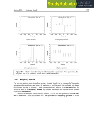 Section 10.1. Analogue signals 275
-1.5
-1
-0.5
0
0.5
1
1.5
-1500 -1000 -500 0 500 1000 1500
amplitude
frequency
/tmp/tmpSdIp-B using 1:2
(a) real spectrum
-1.5
-1
-0.5
0
0.5
1
1.5
-1500 -1000 -500 0 500 1000 1500
amplitude
frequency
/tmp/tmphGyZno using 1:2
(b) imaginary spectrum
0
0.2
0.4
0.6
0.8
1
1.2
1.4
-1500 -1000 -500 0 500 1000 1500
amplitude
frequency
/tmp/tmp-07j6o using 1:2
(c) magnitude spectrum
-4
-3
-2
-1
0
1
2
3
4
-1500 -1000 -500 0 500 1000 1500
amplitude
frequency
/tmp/tmpaPw0bS using 1:2
(d) phase spectrum
Figure 10.7 The two ways of showing the full spectrum for a square wave. For a square wave, the
real part is zero for all harmonics, and the phase is π for all harmonics.
10.1.5 Frequency domain
The previous sections have shown how arbitrary periodic signals can be composed of harmonics
with appropriate amplitudes and phases. It is often very useful to study the amplitude and phases
directly as a function of frequency. Such representations are referred to as spectra and are de-
scribed as being in the frequency domain. By contrast, waveforms as a function of time are said
to be in the time domain.
Because the harmonic coefficients are complex, we can plot the spectrum in either Carte-
sian or polar form. The Cartesian form has a real spectrum and imaginary spectrum as shown
 