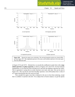 276 Chapter 10. Signals and Filters
-1.5
-1
-0.5
0
0.5
1
1.5
-1500 -1000 -500 0 500 1000 1500
amplitude
frequency
/tmp/tmphBTt1l using 1:2
(a) real spectrum
-1.5
-1
-0.5
0
0.5
1
1.5
-1500 -1000 -500 0 500 1000 1500
amplitude
frequency
/tmp/tmpDlzYtT using 1:2
(b) imaginary spectrum
0
0.2
0.4
0.6
0.8
1
1.2
1.4
-1500 -1000 -500 0 500 1000 1500
amplitude
frequency
/tmp/tmpY-nEpG using 1:2
(c) magnitude spectrum
-4
-3
-2
-1
0
1
2
3
4
-1500 -1000 -500 0 500 1000 1500
amplitude
frequency
/tmp/tmpi4kvjA using 1:2
(d) phase spectrum
Figure 10.8 Spectra for square wave with delay. The real and imaginary spectra are clearly differ-
ent from figure 10.7. The magnitude spectrum is the same, and the phase spectrum is the same apart
from the additional shift.
in Figures 10.7a and 10.7b . Alternatively, we can plot the coefficients in polar form with a mag-
nitude spectrum and phase spectrum, as shown in Figures 10.7c and 10.7d. For the Cartesian
interpretation, we see that the all the real parts are 0, and only the imaginary spectrum has values.
This is equivalent to saying that no cosine functions were used, only sines: this can be seen in
Figure 10.5. This can also be seen from the phase spectrum, were all the phases have a value of
π/2, again showing that only sine waves are used.
Now consider the square wave that is identical to the one we have been analysing, except
that it is shifted 1/4 period to the left. If we subject this to Fourier analysis, we get the spectra
 