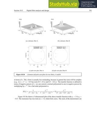 Section 10.5. Digital filter analysis and design 301
-1.5
-1
-0.5
0
0.5
1
1.5
imaginary
-1.5
-1
-0.5
0
0.5
1
1.5
real
0
2
4
6
8
10
12
14
|H(z)|
(a) z-domain, filter A
-1.5
-1
-0.5
0
0.5
1
1.5
imaginary
-1.5
-1
-0.5
0
0.5
1
1.5
real
0
2
4
6
8
10
12
14
|H(z)|
(b) z-domain, filter B
-1
-0.5
0
0.5
1
-1 -0.5 0 0.5 1
imaginary
real
/tmp/tmpdfuJQM using 1:2
/tmp/tmpDsB2Ku using 1:2
(c) pole-zero plot, filter A
-1
-0.5
0
0.5
1
-1 -0.5 0 0.5 1
imaginary
real
/tmp/tmpdLQl-H using 1:2
/tmp/tmpxcpciY using 1:2
(d) pole zero plot, filter B
Figure 10.18 z-domain and pole-zero plots for two filters, A and B.
in terms of x. The z form is actually less misleading, because in general the roots will be complex
(e.g. f(z) = z2 +z−0.5 has roots 0.5+0.5j and 0.5−0.5j.). The transfer function is defined in
terms of negative powers of z - we can convert a normal polynomial to one in negative powers by
multiplying by z−N. So a 2nd order polynomial is:
H(z) =
1
z2 −a1z−a2
=
z−2
1−a1z−1 −a2z−2
= G
z−2
(1− p1z−1)(1− p2z−1)
Figure 10.18a shows a 3-dimensional plot of the above transfer function with a1 = 1.0,a2 =
−0.5. The numerator has two roots at z = 0, which form zeros. The roots of the denominator are
 