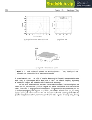 306 Chapter 10. Signals and Filters
0.5
1
1.5
2
2.5
3
3.5
4
4.5
5
-4 -3 -2 -1 0 1 2 3 4
amplitude
normalise frequency
(a) magnitude spectrum of transfer function
-1
-0.5
0
0.5
1
-1 -0.5 0 0.5 1
amplitude
time
/tmp/tmpQog_8w using 1:2
/tmp/tmp0vdv7f using 1:2
(b) pole-zero plot
-1.5
-1
-0.5
0
0.5
1
1.5
imaginary
-1.5 -1 -0.5 0 0.5 1 1.5
real
0
10
20
30
40
50
60
70
|H(z)|
(c) magnitude z-domain transfer function
Figure 10.21 Plots of first order IIR filter, with the single pole at 0.37 +0.58 j. As the pole is not
on the real axis, the resonance occurs at a non-zero frequency.
is shown in Figure 10.21. The effect of the pole position on the frequency response can be seen
more clearly by expressing the pole in polar form, p1 = rejθ. The resonant frequency is given by
θ, the angle of the pole, and the bandwidth is controlled as before by r.
The first order resonator as just described has one serious drawback: because its pole is not
on the real-axis, its coefficient a1 will be complex also, which is a violation of the condition that
all the coefficients of the polynomial should be real. This problem can be countered by the use
of complex conjugate pairs of poles. If we have a pole with the desired values rejθ, we simply
create a second pole with value re− jθ. This will ensure the coefficients are always real, and as the
pole has a negative value for θ, its resonance will occur in the negative frequency range, leaving
 
