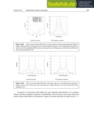 Section 10.5. Digital filter analysis and design 309
-1
-0.5
0
0.5
1
-1 -0.5 0 0.5 1
amplitude
time
/tmp/tmpK2req4 using 1:2
/tmp/tmp33KyD9 using 1:2
/tmp/tmpohsE85 using 1:2
/tmp/tmpeS7T51 using 1:2
/tmp/tmpE1flb- using 1:2
(a) pole-zero plot
0
0.5
1
1.5
2
2.5
3
3.5
4
4.5
-4 -3 -2 -1 0 1 2 3 4
amplitude
normalise frequency
(b) frequency response
Figure 10.23 Plots of second order IIR filter for a series of poles with the same radius but different
angles. While position of the peaks varies with the angle of the poles. The bandwidth of the peaks is
constant, but the amplitudes differ because as the poles near the frequency axis their skirts affect each
other, giving each peak a lift.
0
1
2
3
4
5
6
7
-4 -3 -2 -1 0 1 2 3 4
amplitude
normalise frequency
(a) pole-zero plot
0
2
4
6
8
10
12
-4 -3 -2 -1 0 1 2 3 4
amplitude
normalise frequency
(b) frequency response
Figure 10.24 Plots of second order IIR filter with poles and zeros for different pole positions.
Figure (a) has a zero on the unit circle on the real axis. Figure (b) has a zero on the unit circle at the
imaginary axis.
In general it is the poles which define the most important characteristics of a resonator,
namely resonance amplitude, frequency and bandwidth. Zeros do have a role to play and can be
used to achieve other effects in the spectrum. Figure 10.24 shows the affect of using a term b1 = 1,
 