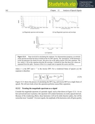 362 Chapter 12. Analysis of Speech Signals
0
20
40
60
80
100
120
0 1000 2000 3000 4000 5000 6000 7000 8000
amplitude
normalise frequency
(a) Magnitude spectrum and envelope
0
2
4
6
8
10
12
14
0 1000 2000 3000 4000 5000 6000 7000 8000
amplitude
normalise frequency
(b) log Magnitude spectrum and envelope
-300
-200
-100
0
100
200
300
400
500
600
700
0 50 100 150 200 250
amplitude
samples
(c) Cepstrum
Figure 12.11 Steps involved in calculating the cepstrum. For demonstration purposes, an estimate
of the spectral envelope has been overlaid on the two DFT spectra. The “periodicity” of the harmonics
in the log spectrum can clearly be seen. this gives rise to the spike at point 120 in the cepstrum. The
low values (30) in the cepstrum describe the envelope. It should be clear that these low values are
separated from the spike - because of this it is a simple task to separate the source and filter.
where F is the DFT and F −1 is the inverse DFT. For a windowed frame of speech y[n] the
cepstrum is therefore
c[n] =
N−1
∑
n=0
log
 N−1
∑
n=0
x[n]e− j 2π
N kn

ej 2π
N kn
(12.9)
Figure 12.11 shows the process of calculating the DFT, log, and inverse DFT on a single frame of
speech. We will now look at how this operation performs source/filter separation.
12.3.2 Treating the magnitude spectrum as a signal
Consider the magnitude spectrum of a periodic signal, such as that shown in Figure 12.11. As we
have proved and seen in practice, this spectrum will contain harmonics at evenly spaced intervals.
Because of the windowing effects, these harmonics will not be delta function spikes, but will be
somewhat more “rounded”. For most signals, the amplitude of the harmonics tails off quite quickly
 