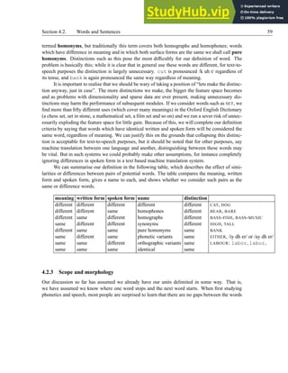 Section 4.2. Words and Sentences 59
termed homonyms, but traditionally this term covers both homographs and homophones; words
which have difference in meaning and in which both surface forms are the same we shall call pure
homonyms. Distinctions such as this pose the most difficultly for our definition of word. The
problem is basically this; while it is clear that in general use these words are different, for text-to-
speech purposes the distinction is largely unnecessary. cut is pronounced /k uh t/ regardless of
its tense, and bank is again pronounced the same way regardless of meaning.
It is important to realise that we should be wary of taking a position of “lets make the distinc-
tion anyway, just in case”. The more distinctions we make, the bigger the feature space becomes
and as problems with dimensionality and sparse data are ever present, making unnecessary dis-
tinctions may harm the performance of subsequent modules. If we consider words such as SET, we
find more than fifty different uses (which cover many meanings) in the Oxford English Dictionary
(a chess set, set in stone, a mathematical set, a film set and so on) and we run a sever risk of unnec-
essarily exploding the feature space for little gain. Because of this, we will complete our definition
criteria by saying that words which have identical written and spoken form will be considered the
same word, regardless of meaning. We can justify this on the grounds that collapsing this distinc-
tion is acceptable for text-to-speech purposes, but it should be noted that for other purposes, say
machine translation between one language and another, distinguishing between these words may
be vital. But in such systems we could probably make other assumptions, for instance completely
ignoring differences in spoken form in a text based machine translation system.
We can summarise our definition in the following table, which describes the effect of simi-
larities or differences between pairs of potential words. The table compares the meaning, written
form and spoken form, gives a name to each, and shows whether we consider such pairs as the
same or difference words.
meaning written form spoken form name distinction
different different different different different CAT, DOG
different different same homophones different BEAR, BARE
different same different homographs different BASS-FISH, BASS-MUSIC
same different different synonyms different HIGH, TALL
different same same pure homonyms same BANK
same different same phonetic variants same EITHER, /iy dh er/ or /ay dh er/
same same different orthographic variants same LABOUR: labor, labor,
same same same identical same
4.2.3 Scope and morphology
Our discussion so far has assumed we already have our units delimited in some way. That is,
we have assumed we know where one word stops and the next word starts. When first studying
phonetics and speech, most people are surprised to learn that there are no gaps between the words
 