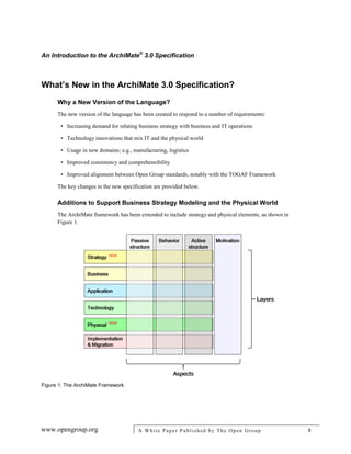 An Introduction to the ArchiMate®
3.0 Specification
www.opengroup.org A White Paper Published by The Open Group 8
What’s New in the ArchiMate 3.0 Specification?
Why a New Version of the Language?
The new version of the language has been created to respond to a number of requirements:
• Increasing demand for relating business strategy with business and IT operations
• Technology innovations that mix IT and the physical world
• Usage in new domains; e.g., manufacturing, logistics
• Improved consistency and comprehensibility
• Improved alignment between Open Group standards, notably with the TOGAF Framework
The key changes in the new specification are provided below.
Additions to Support Business Strategy Modeling and the Physical World
The ArchiMate framework has been extended to include strategy and physical elements, as shown in
Figure 1.
Figure 1: The ArchiMate Framework
 