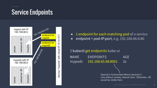 © 2015 Mesosphere, Inc. All Rights Reserved. 25
mypod with IP
192.168.66.6
webserver:80
busybox
pause
mypod2 with IP
192.168.66.8
webserver:80
busybox
pause
Service“mypods”withvirtualIP10.10.10.7
endpoint for
mypod
endpoint for
mypod2
192.168.66.8:80
192.168.66.6:80
● 1 endpoint for each matching pod of a service
● endpoint = pod-IP:port, e.g. 192.168.66.6:80
$ kubectl get endpoints kube-ui
NAME ENDPOINTS AGE
mypods 192.168.65.68:8001 2s
Service Endpoints
Special in Kuberentes-Mesos because it
runs without overlay network here. Otherwise, :80
would be visible here.
 
