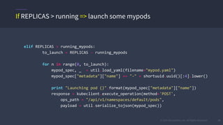© 2015 Mesosphere, Inc. All Rights Reserved. 31
elif REPLICAS > running_mypods:
to_launch = REPLICAS - running_mypods
for n in range(0, to_launch):
mypod_spec, _ = util.load_yaml(filename="mypod.yaml")
mypod_spec["metadata"]["name"] += "-" + shortuuid.uuid()[:4].lower()
print "Launching pod {}".format(mypod_spec["metadata"]["name"])
response = kubeclient.execute_operation(method='POST',
ops_path = "/api/v1/namespaces/default/pods",
payload = util.serialize_tojson(mypod_spec))
If REPLICAS > running => launch some mypods
 