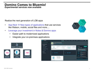 ©2015 IBM Corporation
Domino Comes to Bluemix!
Experimental services now available
Realize the next generation of LOB apps
• App.Next  New types of applications that use services
like Watson, mobile, social files and more....
• Leverage your investment in Notes & Domino apps
• Easier path to modernized applications
• Integrate your on-premises applications
9
 