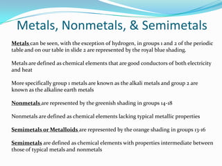 Metals, Nonmetals, & SemimetalsMetals can be seen, with the exception of hydrogen, in groups 1 and 2 of the periodic table and on our table in slide 2 are represented by the royal blue shading.Metals are defined as chemical elements that are good conductors of both electricity and heatMore specifically group 1 metals are known as the alkali metals and group 2 are known as the alkaline earth metalsNonmetals are represented by the greenish shading in groups 14-18Nonmetals are defined as chemical elements lacking typical metallic propertiesSemimetals or Metalloids are represented by the orange shading in groups 13-16Semimetals are defined as chemical elements with properties intermediate between those of typical metals and nonmetals