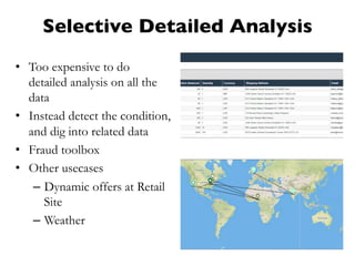 Selective Detailed Analysis
•  Too expensive to do
detailed analysis on all the
data
•  Instead detect the condition,
and dig into related data
•  Fraud toolbox
•  Other usecases
–  Dynamic offers at Retail
Site
–  Weather
 