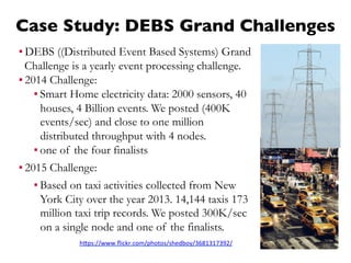 Case Study: DEBS Grand Challenges
▪ DEBS ((Distributed Event Based Systems) Grand
Challenge is a yearly event processing challenge.
▪ 2014 Challenge:
▪ Smart Home electricity data: 2000 sensors, 40
houses, 4 Billion events. We posted (400K
events/sec) and close to one million
distributed throughput with 4 nodes.
▪ one of the four finalists
▪ 2015 Challenge:
▪ Based on taxi activities collected from New
York City over the year 2013. 14,144 taxis 173
million taxi trip records. We posted 300K/sec
on a single node and one of the finalists.
h=ps://www.ﬂickr.com/photos/shedboy/3681317392/	
  	
  
	
  
 