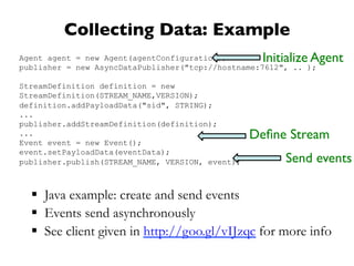 Collecting Data: Example
§  Java example: create and send events
§  Events send asynchronously
§  See client given in http://goo.gl/vIJzqc for more info
Agent agent = new Agent(agentConfiguration);
publisher = new AsyncDataPublisher("tcp://hostname:7612", .. );
StreamDefinition definition = new
StreamDefinition(STREAM_NAME,VERSION);
definition.addPayloadData("sid", STRING);
...
publisher.addStreamDefinition(definition);
...
Event event = new Event();
event.setPayloadData(eventData);
publisher.publish(STREAM_NAME, VERSION, event); Send events
Deﬁne Stream
Initialize Agent
 