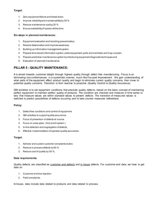 Target:
1. Zero equipmentfailure and break down.
2. Improve reliabilityand maintainabilityby 50 %
3. Reduce maintenance costby 20 %
4. Ensure availabilityof spares all the time.
Six steps in planned maintenance:
1. Equipmentevaluation and recoding presentstatus.
2. Restore deterioration and improve weakness.
3. Building up information managementsystem.
4. Prepare time based information system,selectequipment,parts and members and map outplan.
5. Prepare predictive maintenance system byintroducing equipmentdiagnostic techniques and
6. Evaluation of planned maintenance.
PILLAR 5 - QUALITY MAINTENANCE:
It is aimed towards customer delight through highest quality through defect free manufacturing. Focus is on
eliminating non-conformances in a systematic manner, much like Focused Improvement. We gain understanding of
what parts of the equipment affect product quality and begin to eliminate current quality concerns, then move to
potential quality concerns. Transition is from reactive to proactive (Quality Control to Quality Assurance).
QM activities is to set equipment conditions that preclude quality defects, based on the basic concept of maintaining
perfect equipment to maintain perfect quality of products. The condition are checked and measure in time series to
very that measure values are within standard values to prevent defects. The transition of measured values is
watched to predict possibilities of defects occurring and to take counter measures beforehand.
Policy:
1. Defect free conditions and control of equipment.
2. QM activities to supportquality assurance.
3. Focus of prevention of defects at source
4. Focus on poka-yoke. ( fool proof system )
5. In-line detection and segregation ofdefects.
6. Effective implementation ofoperator quality assurance.
Target:
1. Achieve and sustain customer complaints atzero
2. Reduce in-process defects by50 %
3. Reduce costof quality by 50 %.
Data requirements:
Quality defects are classified as customer end defects and in house defects. For customer-end data, we have to get
data on
1. Customer end line rejection
2. Field complaints.
In-house, data include data related to products and data related to process
 