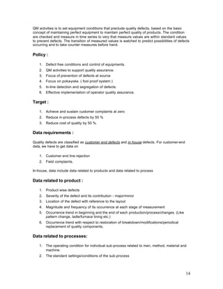 14
QM activities is to set equipment conditions that preclude quality defects, based on the basic
concept of maintaining perfect equipment to maintain perfect quality of products. The condition
are checked and measure in time series to very that measure values are within standard values
to prevent defects. The transition of measured values is watched to predict possibilities of defects
occurring and to take counter measures before hand.
Policy :
1. Defect free conditions and control of equipments.
2. QM activities to support quality assurance.
3. Focus of prevention of defects at source
4. Focus on poka-yoke. ( fool proof system )
5. In-line detection and segregation of defects.
6. Effective implementation of operator quality assurance.
Target :
1. Achieve and sustain customer complaints at zero
2. Reduce in-process defects by 50 %
3. Reduce cost of quality by 50 %.
Data requirements :
Quality defects are classified as customer end defects and in house defects. For customer-end
data, we have to get data on
1. Customer end line rejection
2. Field complaints.
In-house, data include data related to products and data related to process
Data related to product :
1. Product wise defects
2. Severity of the defect and its contribution - major/minor
3. Location of the defect with reference to the layout
4. Magnitude and frequency of its occurrence at each stage of measurement
5. Occurrence trend in beginning and the end of each production/process/changes. (Like
pattern change, ladle/furnace lining etc.)
6. Occurrence trend with respect to restoration of breakdown/modifications/periodical
replacement of quality components.
Data related to processes:
1. The operating condition for individual sub-process related to men, method, material and
machine.
2. The standard settings/conditions of the sub-process
 