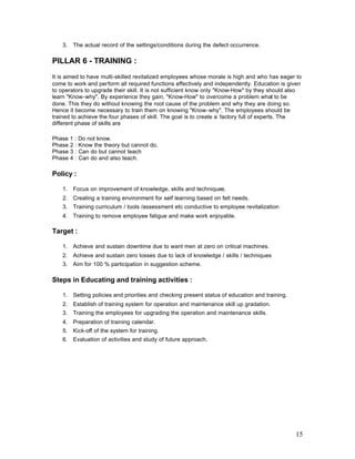 15
3. The actual record of the settings/conditions during the defect occurrence.
PILLAR 6 - TRAINING :
It is aimed to have multi-skilled revitalized employees whose morale is high and who has eager to
come to work and perform all required functions effectively and independently. Education is given
to operators to upgrade their skill. It is not sufficient know only "Know-How" by they should also
learn "Know-why". By experience they gain, "Know-How" to overcome a problem what to be
done. This they do without knowing the root cause of the problem and why they are doing so.
Hence it become necessary to train them on knowing "Know-why". The employees should be
trained to achieve the four phases of skill. The goal is to create a factory full of experts. The
different phase of skills are
Phase 1 : Do not know.
Phase 2 : Know the theory but cannot do.
Phase 3 : Can do but cannot teach
Phase 4 : Can do and also teach.
Policy :
1. Focus on improvement of knowledge, skills and techniques.
2. Creating a training environment for self learning based on felt needs.
3. Training curriculum / tools /assessment etc conductive to employee revitalization
4. Training to remove employee fatigue and make work enjoyable.
Target :
1. Achieve and sustain downtime due to want men at zero on critical machines.
2. Achieve and sustain zero losses due to lack of knowledge / skills / techniques
3. Aim for 100 % participation in suggestion scheme.
Steps in Educating and training activities :
1. Setting policies and priorities and checking present status of education and training.
2. Establish of training system for operation and maintenance skill up gradation.
3. Training the employees for upgrading the operation and maintenance skills.
4. Preparation of training calendar.
5. Kick-off of the system for training.
6. Evaluation of activities and study of future approach.
 