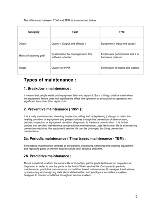 2
The differences between TQM and TPM is summarized below.
Category TQM TPM
Object Quality ( Output and effects ) Equipment ( Input and cause )
Mains of attaining goal
Systematize the management. It is
software oriented
Employees participation and it is
hardware oriented
Target Quality for PPM Elimination of losses and wastes.
Types of maintenance :
1. Breakdown maintenance :
It means that people waits until equipment fails and repair it. Such a thing could be used when
the equipment failure does not significantly affect the operation or production or generate any
significant loss other than repair cost.
2. Preventive maintenance ( 1951 ):
It is a daily maintenance ( cleaning, inspection, oiling and re-tightening ), design to retain the
healthy condition of equipment and prevent failure through the prevention of deterioration,
periodic inspection or equipment condition diagnosis, to measure deterioration. It is further
divided into periodic maintenance and predictive maintenance. Just like human life is extended by
preventive medicine, the equipment service life can be prolonged by doing preventive
maintenance.
2a. Periodic maintenance ( Time based maintenance - TBM) :
Time based maintenance consists of periodically inspecting, servicing and cleaning equipment
and replacing parts to prevent sudden failure and process problems.
2b. Predictive maintenance :
This is a method in which the service life of important part is predicted based on inspection or
diagnosis, in order to use the parts to the limit of their service life. Compared to periodic
maintenance, predictive maintenance is condition based maintenance. It manages trend values,
by measuring and analyzing data about deterioration and employs a surveillance system,
designed to monitor conditions through an on-line system.
 