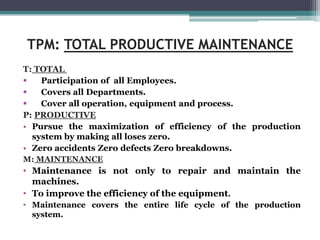 TPM: TOTAL PRODUCTIVE MAINTENANCET: TOTAL  Participation of  all Employees.