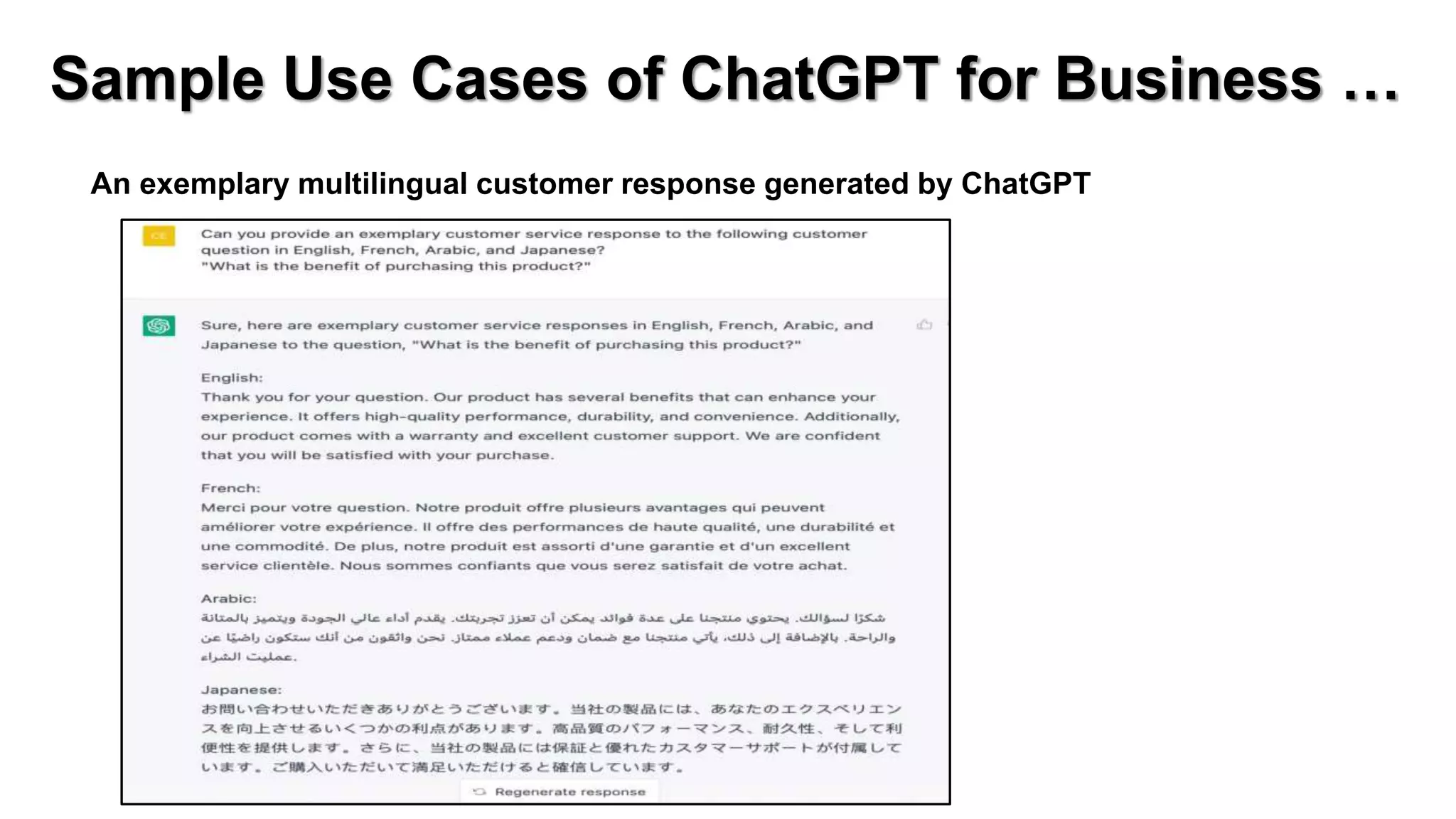 Sample Use Cases of ChatGPT for Business …
An exemplary multilingual customer response generated by ChatGPT
 