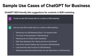 Sample Use Cases of ChatGPT for Business
ChatGPT SEO-friendly title suggestions for contents in B2B marketing
 