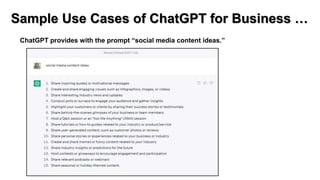 Sample Use Cases of ChatGPT for Business …
ChatGPT provides with the prompt “social media content ideas.”
 