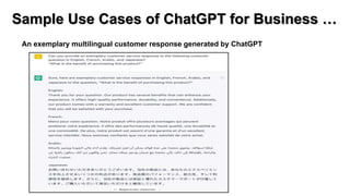 Sample Use Cases of ChatGPT for Business …
An exemplary multilingual customer response generated by ChatGPT
 