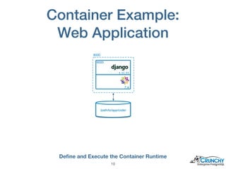 Container Example:
Web Application
Deﬁne and Execute the Container Runtime
!10
/path/to/app/code/
8000
1.11.11
8000
7.4
 