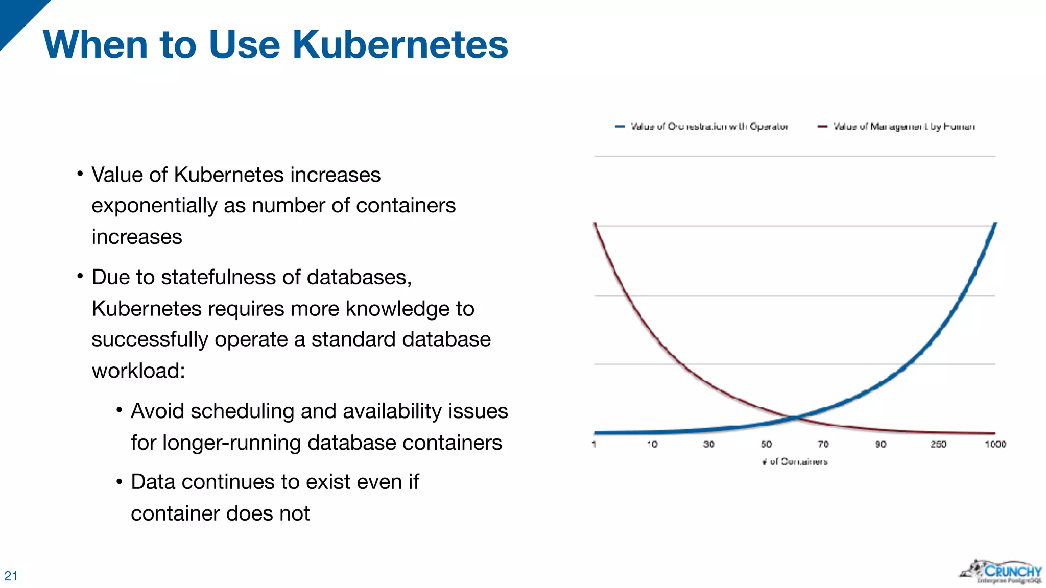 • Value of Kubernetes increases exponentially as number of containers increases • Due to statefulness of databases, Kubernetes requires more knowledge to successfully operate a standard database workload: • Avoid scheduling and availability issues for longer-running database containers • Data continues to exist even if container does not When to Use Kubernetes 21 