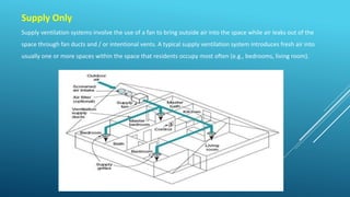 Supply Only
Supply ventilation systems involve the use of a fan to bring outside air into the space while air leaks out of the
space through fan ducts and / or intentional vents. A typical supply ventilation system introduces fresh air into
usually one or more spaces within the space that residents occupy most often (e.g., bedrooms, living room).
 
