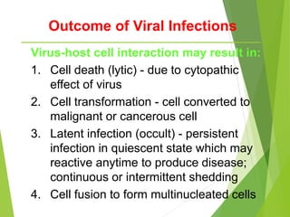 Outcome of Viral Infections
Virus-host cell interaction may result in:
1. Cell death (lytic) - due to cytopathic
effect of virus
2. Cell transformation - cell converted to
malignant or cancerous cell
3. Latent infection (occult) - persistent
infection in quiescent state which may
reactive anytime to produce disease;
continuous or intermittent shedding
4. Cell fusion to form multinucleated cells
 
