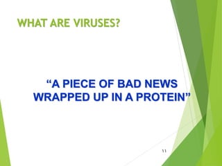 WHAT ARE VIRUSES?
11
“A PIECE OF BAD NEWS
WRAPPED UP IN A PROTEIN”
 