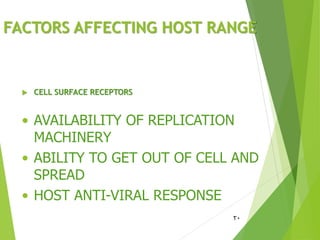 FACTORS AFFECTING HOST RANGE
 CELL SURFACE RECEPTORS
20
• AVAILABILITY OF REPLICATION
MACHINERY
• ABILITY TO GET OUT OF CELL AND
SPREAD
• HOST ANTI-VIRAL RESPONSE
 