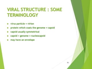 VIRAL STRUCTURE : SOME
TERMINOLOGY
 virus particle = virion
 protein which coats the genome = capsid
 capsid usually symmetrical
 capsid + genome = nucleocapsid
 may have an envelope
21
 