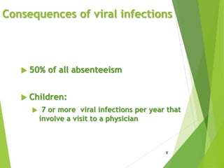 Consequences of viral infections
 50% of all absenteeism
 Children:
 7 or more viral infections per year that
involve a visit to a physician
7
 