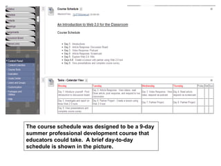 The course schedule was designed to be a 9-day
summer professional development course that
educators could take. A brief day-to-day
schedule is shown in the picture.
 