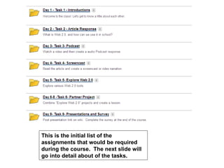 This is the initial list of the
assignments that would be required
during the course. The next slide will
go into detail about of the tasks.
 