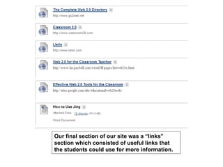 Our final section of our site was a “links”
section which consisted of useful links that
the students could use for more information.
 