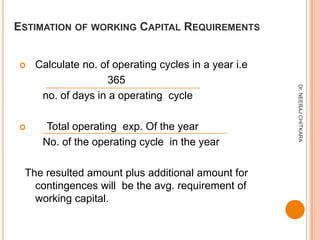 ESTIMATION OF WORKING CAPITAL REQUIREMENTS


   Calculate no. of operating cycles in a year i.e
                   365




                                                      Dr. NEERAJ CHITKARA
     no. of days in a operating cycle

     Total operating exp. Of the year
     No. of the operating cycle in the year

 The resulted amount plus additional amount for
   contingences will be the avg. requirement of
   working capital.
 