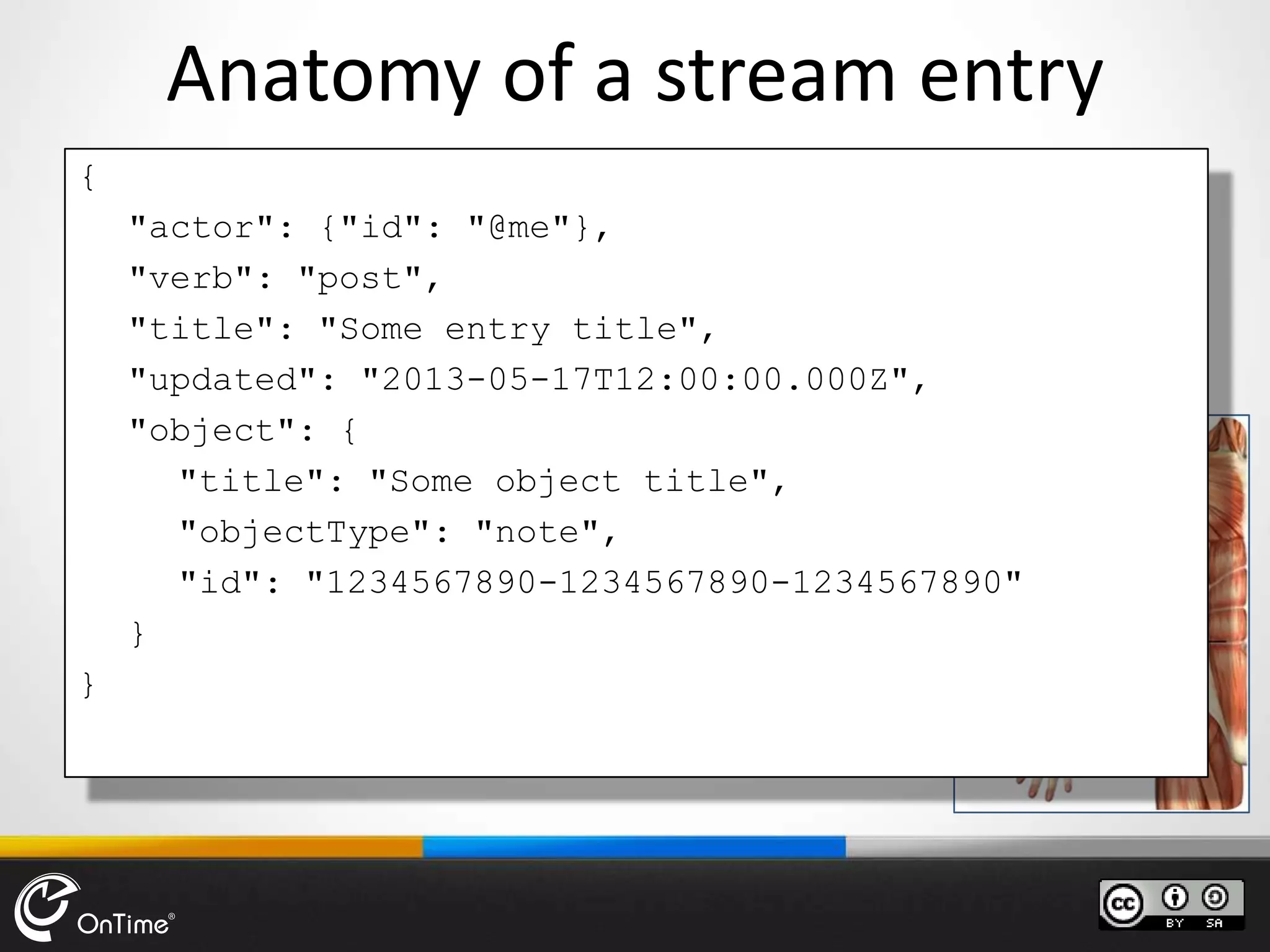 Anatomy of a stream entry
• A stream entry reads like ”the current user
posted a file to IBM Connections and you
should act on it”
{
"actor": {"id": "@me"},
"verb": "post",
"title": "Some entry title",
"updated": "2013-05-17T12:00:00.000Z",
"object": {
"title": "Some object title",
"objectType": "note",
"id": "1234567890-1234567890-1234567890"
}
}
 
