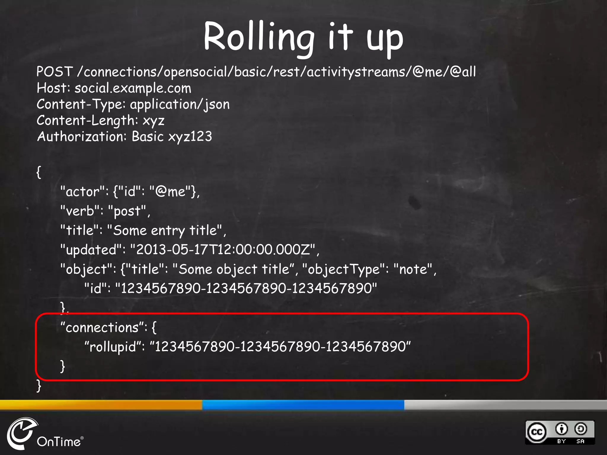 POST /connections/opensocial/basic/rest/activitystreams/@me/@all
Host: social.example.com
Content-Type: application/json
Content-Length: xyz
Authorization: Basic xyz123
{
"actor": {"id": "@me"},
"verb": "post",
"title": "Some entry title",
"updated": "2013-05-17T12:00:00.000Z",
"object": {"title": "Some object title”, "objectType": "note",
"id": "1234567890-1234567890-1234567890"
},
”connections”: {
”rollupid”: ”1234567890-1234567890-1234567890”
}
}
Rolling it up
 