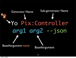 Yo Pix:Controller
arg1 arg2 --json
Generator Name Sub-gernerator Name
Base#argument
Base#argument name
50
13年8月1⽇日星期四
 